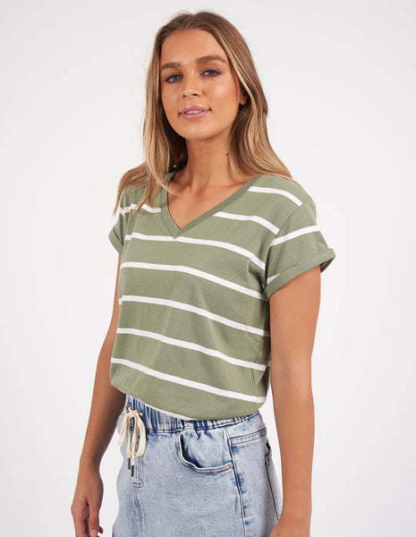 FOXWOOD - MANLY STRIPE VEE TEE SAGE/WHITE