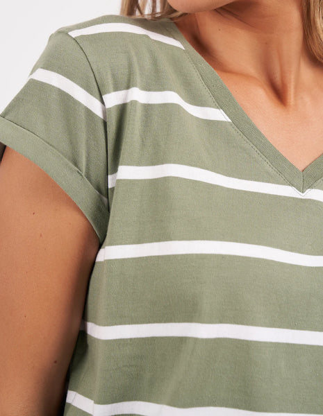 FOXWOOD - MANLY STRIPE VEE TEE SAGE/WHITE